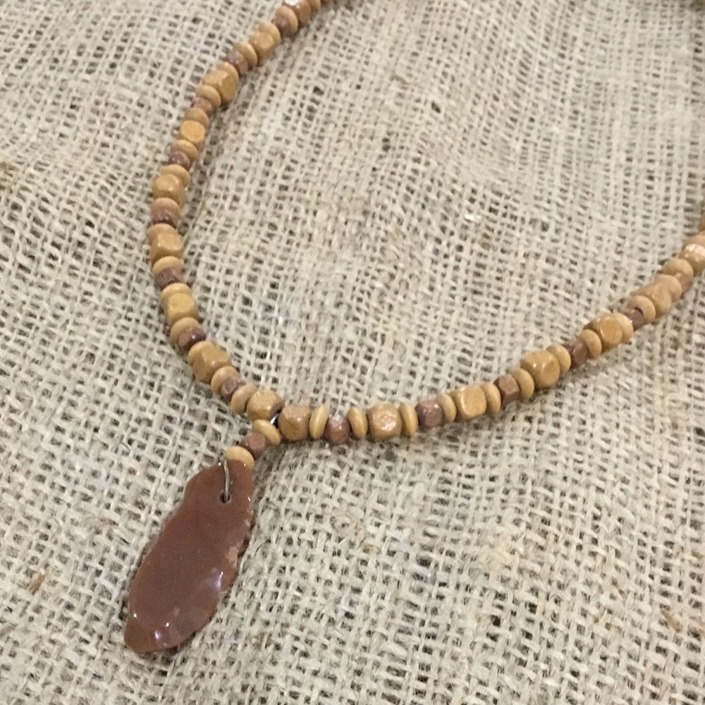 Handmade wooden beaded necklace with pendant